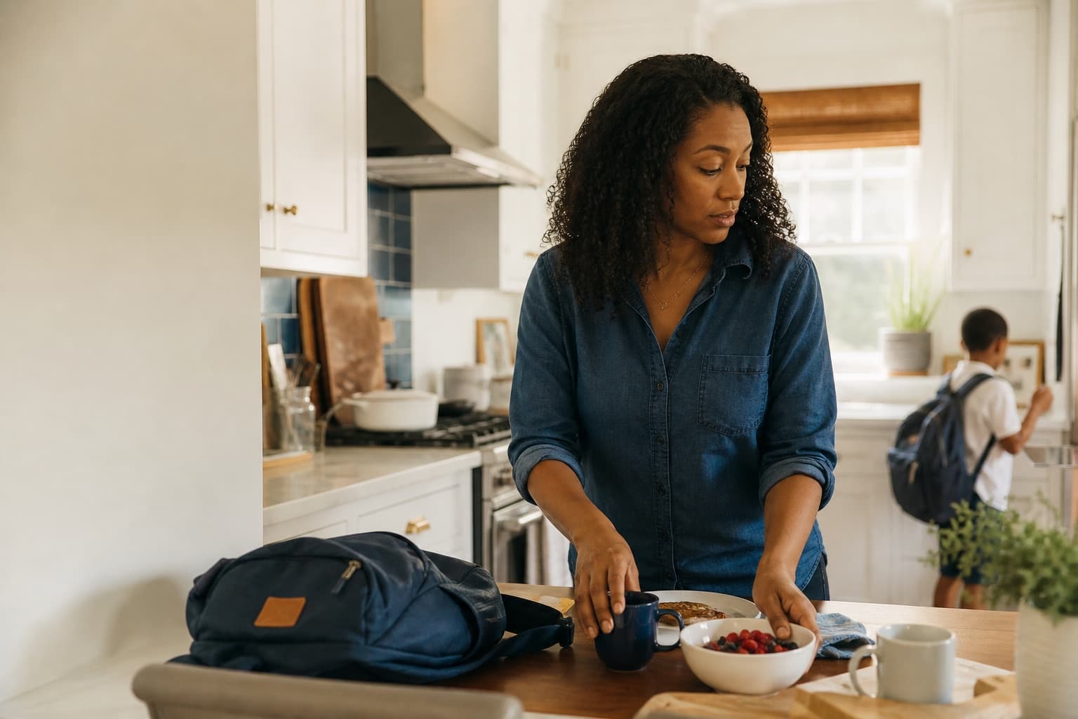 A mother and child getting ready together in their kitchen